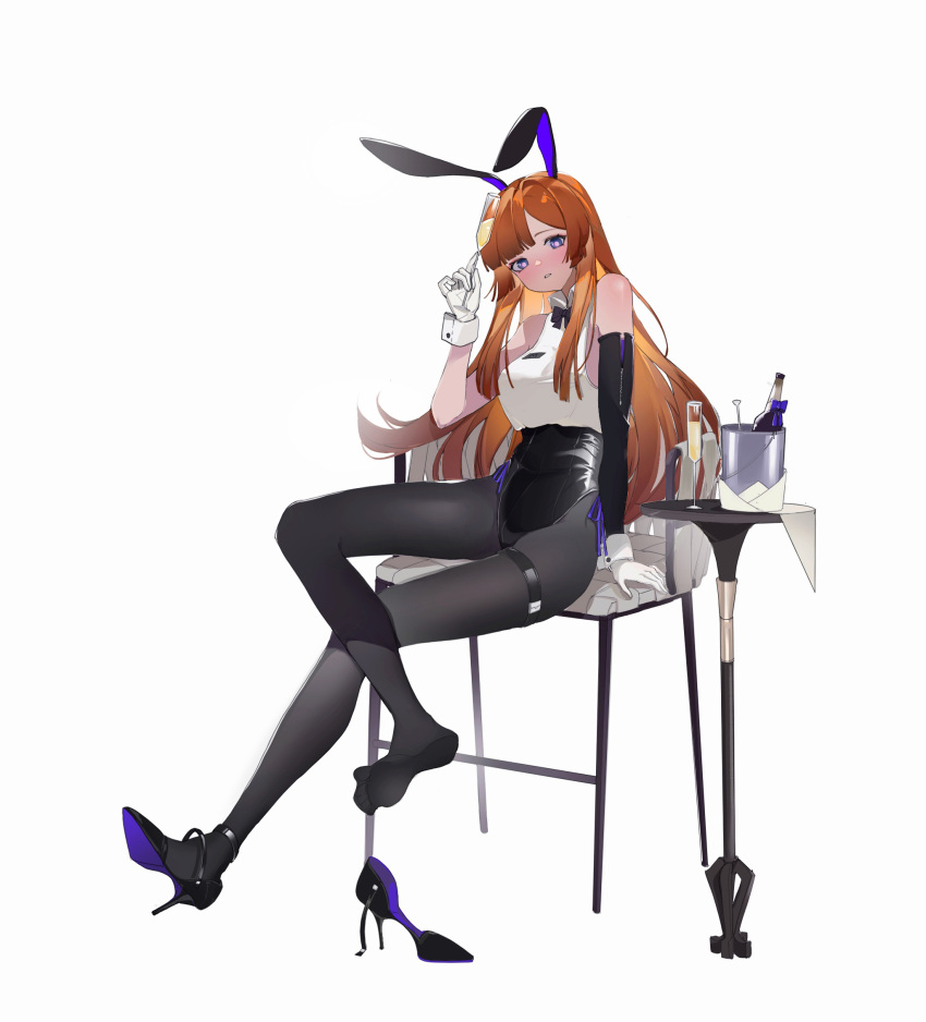 1girl alcohol animal_ears arm_support armchair asymmetrical_gloves bare_shoulders black_bow black_bowtie black_footwear black_gloves black_leotard black_pantyhose bow bowtie breasts chair champagne crossed_legs cup drinking_glass elbow_gloves full_body gloves high_heels highres holding holding_cup leotard long_hair looking_at_viewer miqilinfeizainie mismatched_gloves orange_hair original pantyhose playboy_bunny rabbit_ears round_table shoes shoes_removed single_elbow_glove single_glove single_shoe sitting sleeveless solo table very_long_hair violet_eyes white_gloves wrist_cuffs