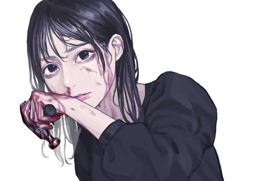 1girl black_eyes black_hair black_shirt blood blood_on_face blood_on_hands hammer highres holding holding_hammer lips looking_at_viewer original shirt simple_background solo tfy_1028 upper_body white_background