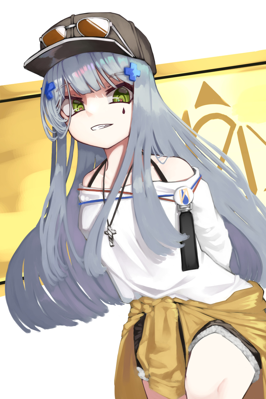 1girl absurdres alternate_costume arms_behind_back bangs baseball_cap black_headwear black_shorts blue_hair breasts brown_cardigan cardigan cardigan_around_waist casual clothes_around_waist cross cross_necklace eyewear_on_headwear feet_out_of_frame girls_frontline green_eyes hair_ornament hairclip hat heart heart-shaped_pupils highres hk416_(girls'_frontline) jewelry leaning_forward long_hair looking_at_viewer necklace nero_(nero_nyam) off_shoulder open_mouth shaded_face shirt shorts simple_background solo standing sunglasses symbol-shaped_pupils teardrop_facial_mark teardrop_tattoo teeth white_shirt