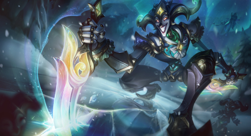 1boy 1girl absurdres blurry blurry_foreground bow bowtie character_request dagger diana_(league_of_legends) doll_joints gem glowing glowing_eyes grin hat highres holding holding_dagger holding_weapon ice jester_cap joints knife league_of_legends mechanical_doll night official_art outdoors pants shaco shoulder_plates smile snow snowing squatting teeth tree weapon white_bow white_bowtie winterblessed_shaco yellow_eyes
