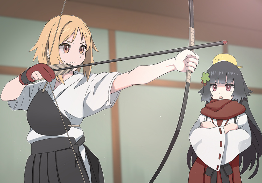 2girls archery arrow_(projectile) bangs black_hair black_hakama blonde_hair bow_(weapon) closed_mouth commission crossed_arms girls_frontline gloves hakama hakama_skirt holding holding_bow_(weapon) holding_weapon japanese_clothes kyuudou miko mp40_(girls'_frontline) multiple_girls muneate official_alternate_costume partially_fingerless_gloves pixiv_request red_eyes red_scarf scarf short_hair single_glove skirt tab_(tabkun) tasuki triangle_mouth type_100_(girls'_frontline) type_100_(gunslinger_miko)_(girls'_frontline) weapon yellow_eyes yugake yumi_(bow)