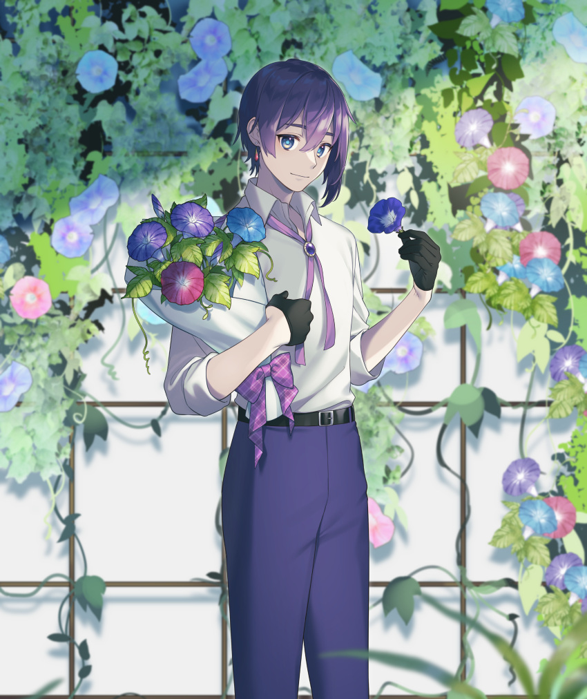 1boy absurdres bangs black_gloves blue_eyes blue_flower bouquet closed_mouth collared_shirt commission copyright_request flower gloves hair_between_eyes half_gloves highres holding holding_flower long_sleeves looking_at_viewer male_focus object_hug pants purple_flower purple_hair purple_pants red_flower sakura_chiyo_(konachi000) shirt smile solo standing virtual_youtuber white_shirt