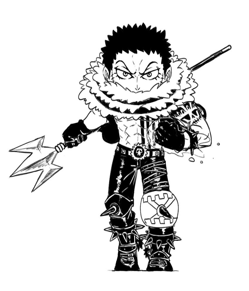 1boy abs arm_tattoo aura bangs belt blacknirrow boots bracelet charlotte_katakuri chest_tattoo chibi clenched_hands commentary english_commentary forehead full_body fur_collar greyscale hand_up highres holding holding_trident holding_weapon jewelry knee_pads looking_at_viewer male_focus monochrome no_shirt one_piece outstretched_arm pants polearm scar scar_on_face shiny shiny_clothes short_hair simple_background sketch solo spiked_anklet spiked_bracelet spikes spiky_hair standing straight-on tattoo thigh_strap trident v-shaped_eyebrows weapon white_background