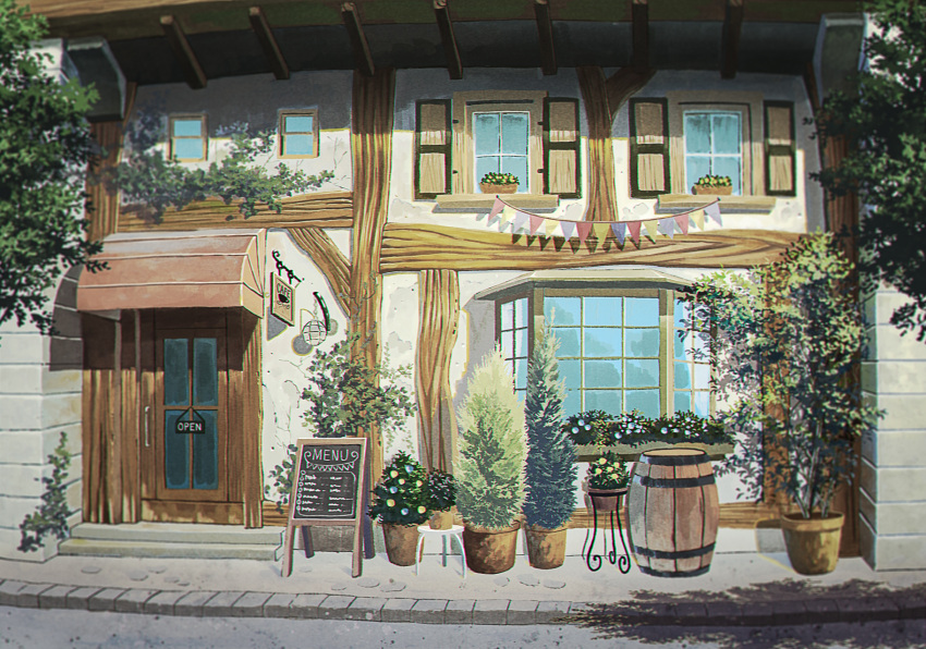 barrel cafe commentary commentary_request highres menu naohiro no_humans original plant potted_plant restaurant road scenery shadow sign still_life street window