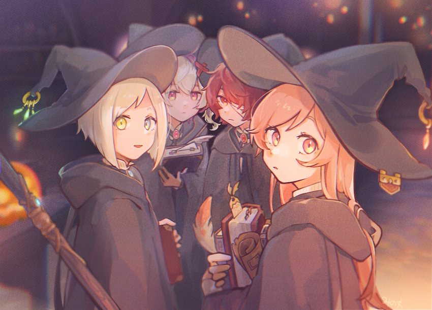 2boys 2girls black_headwear black_robe blue_eyes blurry blurry_background book bookmark commentary feathers flower_(vocaloid) flower_(vocaloid4) from_side fukase green_eyes halloween hat heterochromia highres holding holding_book hooded_robe jack-o'-lantern long_hair looking_at_viewer looking_to_the_side mi_no_take multicolored_hair multiple_boys multiple_girls night parted_lips pink_hair purple_hair red_eyes redhead robe sf-a2_miki staff streaked_hair symbol-only_commentary utatane_piko vocaloid white_hair witch witch_hat yellow_eyes