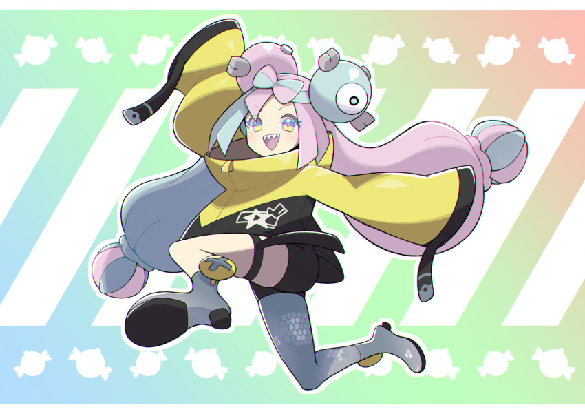 1girl bow-shaped_hair character_hair_ornament grey_pantyhose hair_ornament hexagon_print highres hiva+ iono_(pokemon) jacket long_hair low-tied_long_hair oversized_clothes pantyhose pokemon pokemon_(game) pokemon_sv sharp_teeth single_leg_pantyhose sleeves_past_fingers sleeves_past_wrists solo teeth twintails very_long_sleeves x yellow_jacket