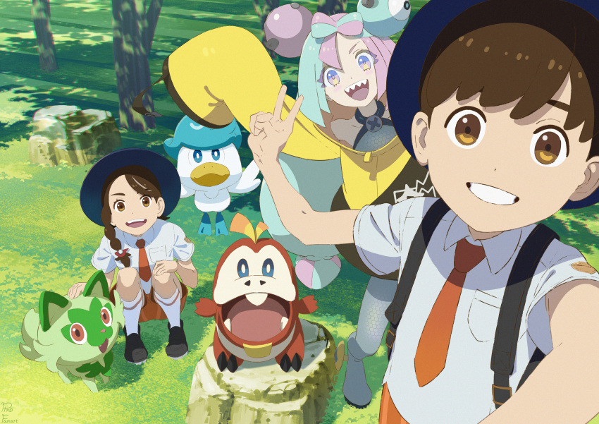 1boy 2girls absurdres bangs blue_headwear braid breast_pocket brown_eyes brown_hair commentary_request day florian_(pokemon) fuecoco grass grin hand_up hat highres iono_(pokemon) juliana_(pokemon) looking_at_viewer multiple_girls necktie open_mouth orange_necktie orange_shorts outdoors pinoj0214 pocket pokemon pokemon_(creature) pokemon_(game) pokemon_sv quaxly rock selfie shirt shoes short_hair shorts smile socks sprigatito squatting starter_pokemon_trio teeth tongue tree upper_teeth v white_shirt white_socks