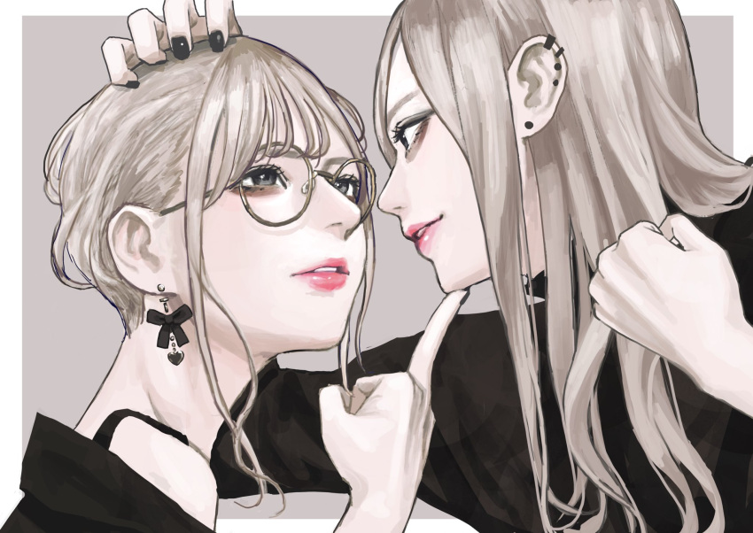 2girls black_shirt blonde_hair clenched_hand ear_piercing earrings eye_contact glasses hand_on_another's_chin hand_on_another's_head highres jewelry lips long_hair looking_at_another middle_finger multiple_girls original piercing shirt tfy_1028