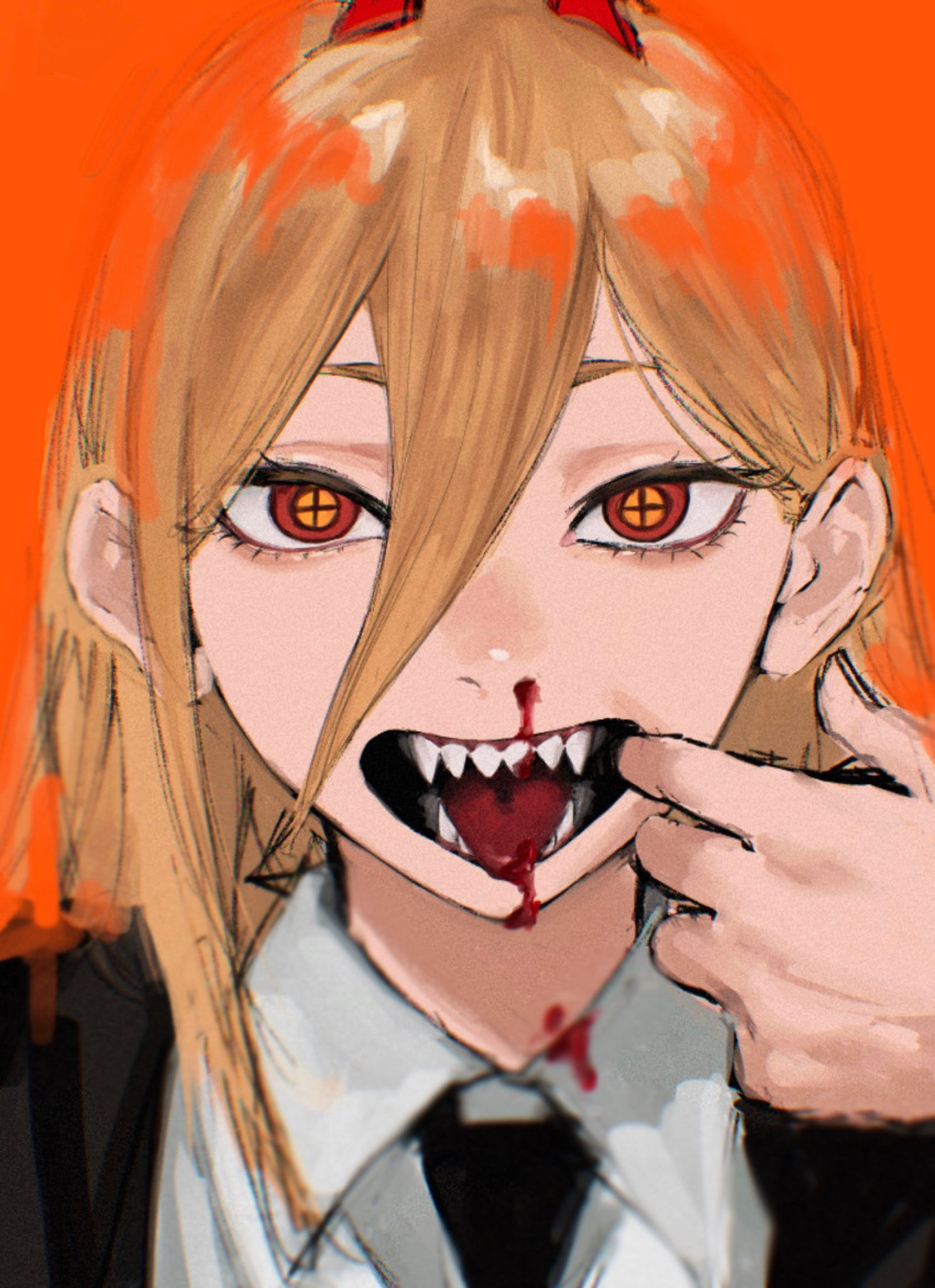 1girl black_jacket black_necktie blonde_hair blood blood_on_clothes blood_on_face chainsaw_man collared_shirt cross-shaped_pupils finger_in_own_mouth formal hair_between_eyes highres horns jacket long_hair looking_at_viewer necktie nosebleed open_mouth orange_background orange_theme power_(chainsaw_man) raberu_ruru red_eyes red_horns sharp_teeth shirt simple_background solo suit teeth white_shirt