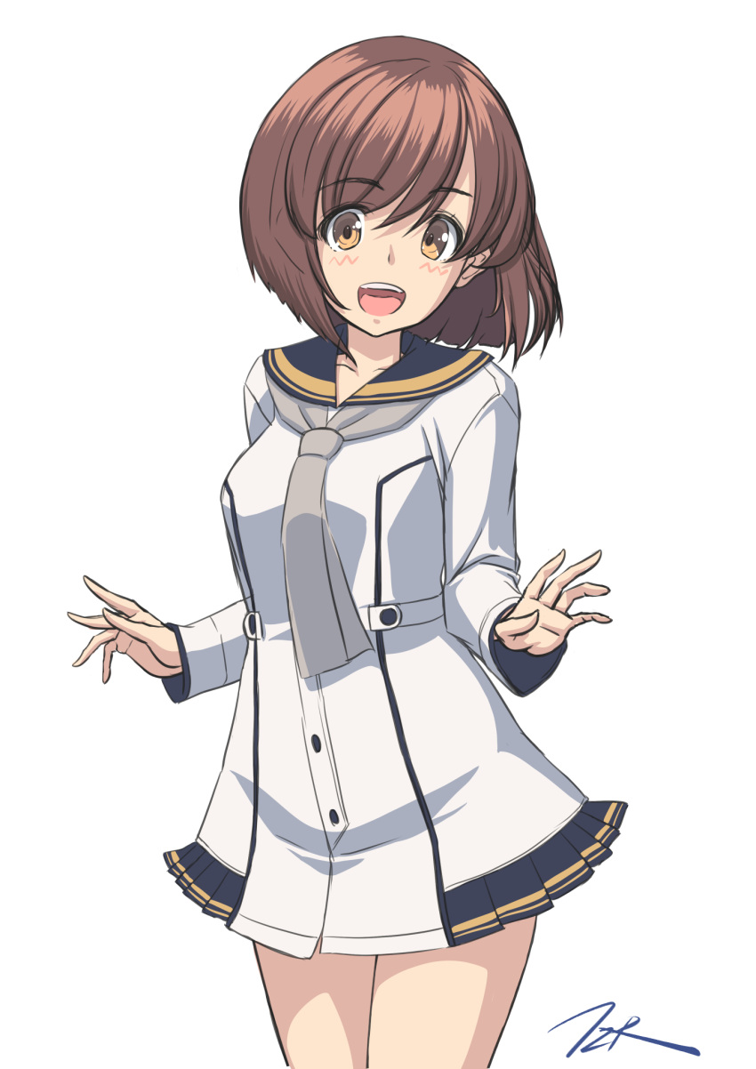 1girl artist_name bob_cut brown_hair cowboy_shot dress grey_necktie highres kantai_collection looking_at_viewer necktie no_headgear open_mouth short_hair simple_background smile solo t2r teeth upper_teeth white_background white_dress yellow_eyes yukikaze_(kancolle)