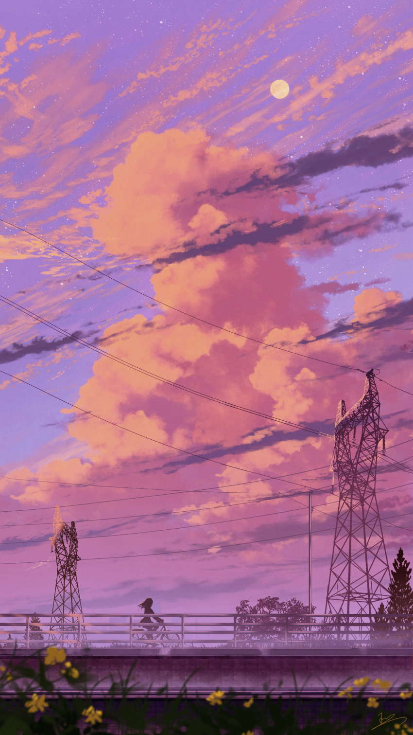 1girl absurdres bicycle clouds cloudy_sky commentary day evening flower from_side full_moon grass ground_vehicle highres moon original outdoors power_lines riding riding_bicycle scenery silhouette skirt sky skyrick9413 solo transmission_tower tree utility_pole very_wide_shot yellow_flower