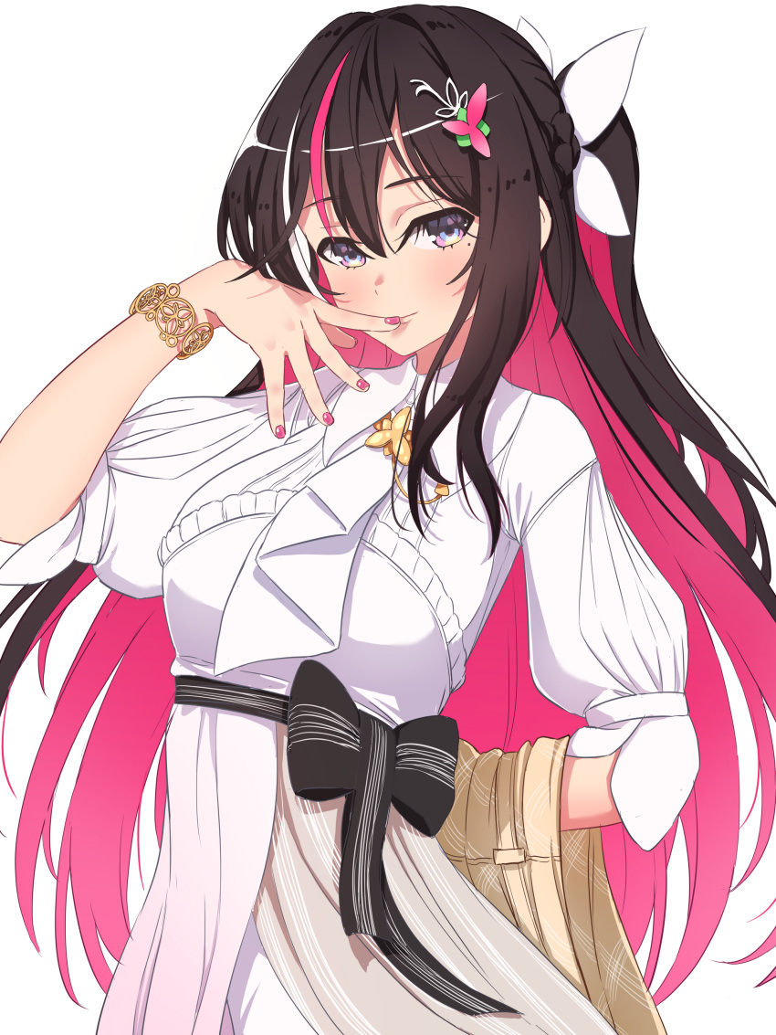 1girl absurdres arm_behind_back azki_(hololive) black_hair bow bracelet colored_inner_hair dress finger_to_mouth highres hololive jewelry loeldrive long_hair mole mole_under_eye multicolored_hair pink_hair pink_nails violet_eyes virtual_youtuber white_dress