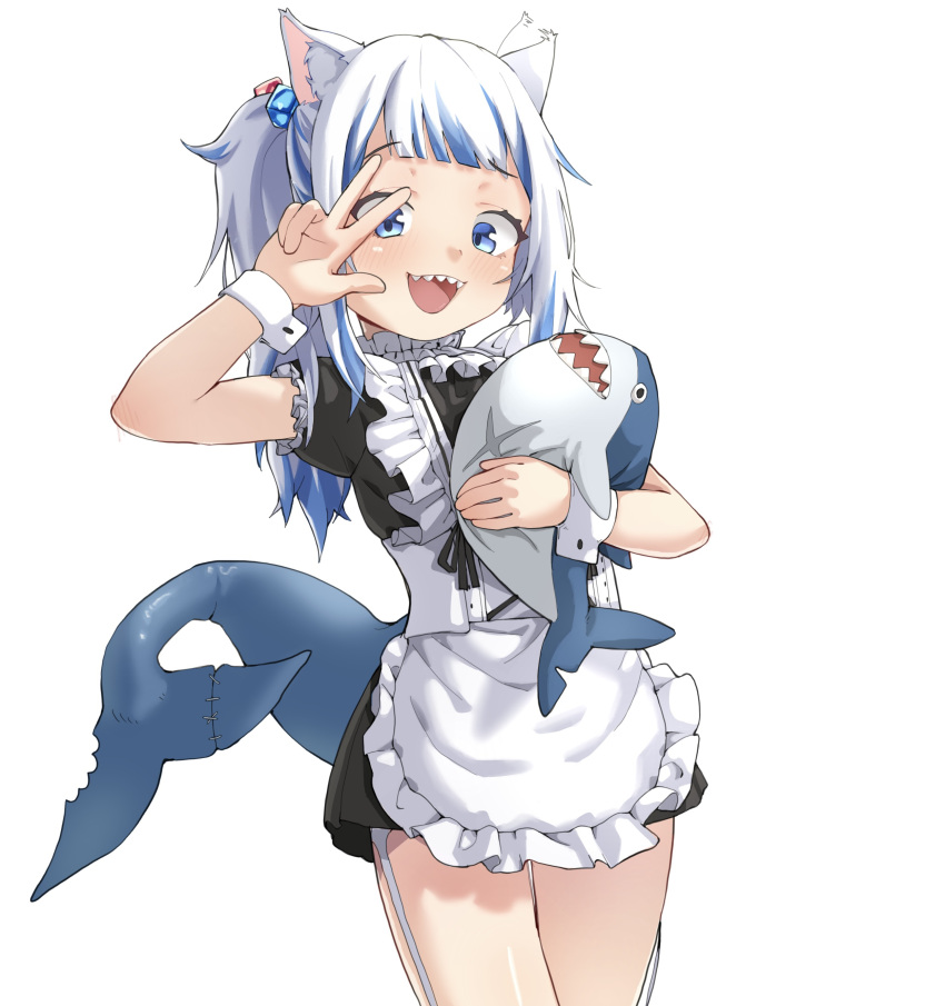1girl :d absurdres alternate_costume animal_ears bangs bloop_(gawr_gura) blue_eyes blue_hair blunt_bangs blush cat_ears character_doll enmaided fish_tail garter_straps gawr_gura highres hololive hololive_english hug long_hair looking_at_viewer ludo0109 maid multicolored_hair open_mouth ponytail shark_tail sharp_teeth simple_background smile solo stuffed_toy tail teeth two-tone_hair virtual_youtuber w white_background white_hair wrist_cuffs