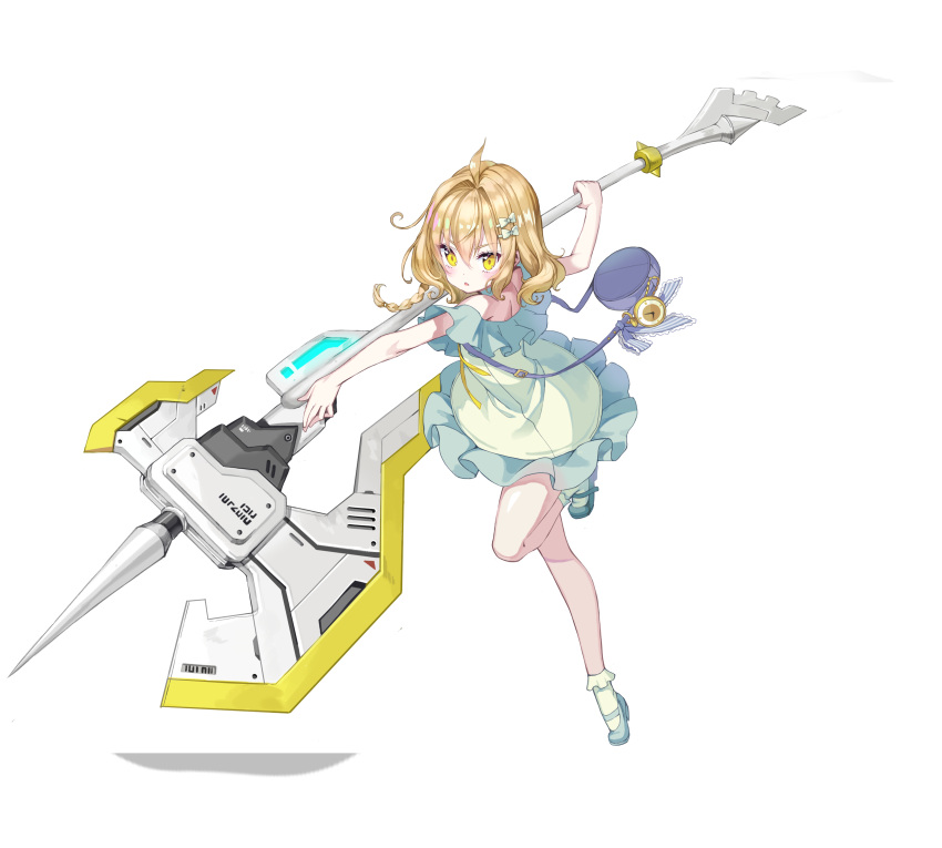 1girl :o absurdres ahoge axe bag bare_arms bare_legs bare_shoulders blonde_hair braid counter:side dress frilled_dress frilled_socks frills full_body green_dress green_footwear hair_ornament hairclip highres holding holding_axe huge_weapon kaci_bins mary_janes medium_hair off-shoulder_dress off_shoulder official_art purple_bag shoes shoulder_bag socks solo standing standing_on_one_leg tachi-e tiptoes transparent_background v-shaped_eyebrows weapon yellow_eyes yellow_socks