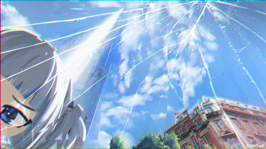 1girl advarcher architecture bangs blue_hair blue_sky blunt_bangs building clouds cracked_glass day dublin gawr_gura highres hololive hololive_english multicolored_hair out_of_frame real_world_location scenery sky solo streaked_hair tree two_side_up virtual_youtuber white_hair