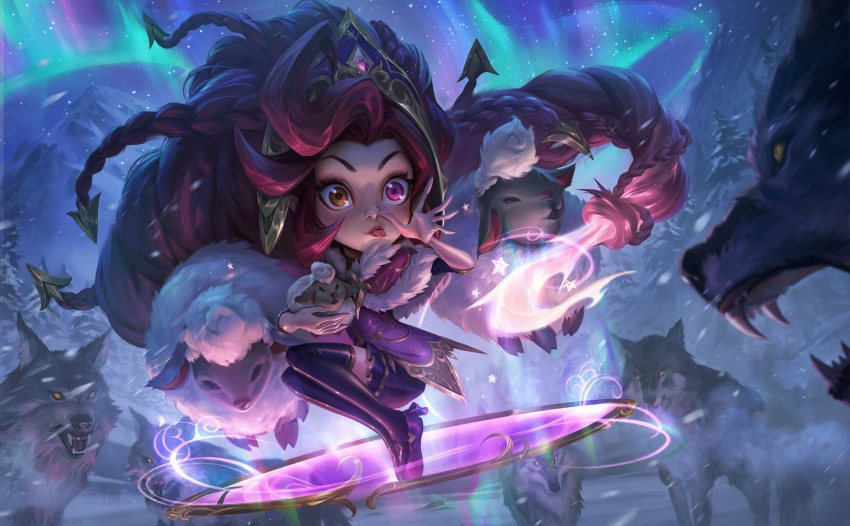 1girl absurdres animal bangs braid brown_eyes brown_hair cape dress fur-trimmed_cape fur_trim gem hair_ornament hand_up heterochromia highres holding holding_animal league_of_legends long_hair night official_art open_mouth outdoors pink_dress pink_eyes pink_footwear portal_(object) sharp_teeth sheep shiny shiny_clothes shiny_hair shoes skirt sky star_(sky) starry_sky teeth thigh-highs tongue tongue_out very_long_hair winterblessed_zoe wolf