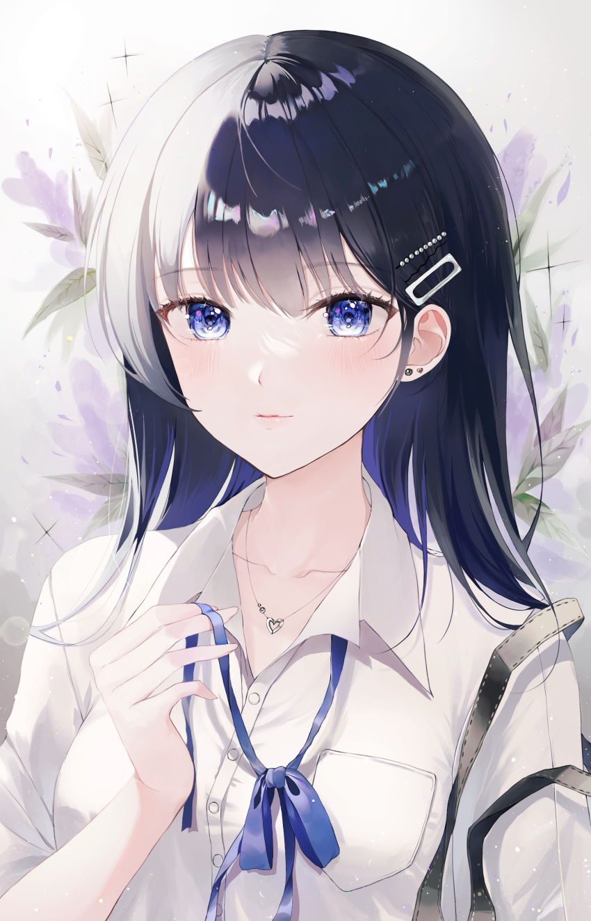 1girl absurdres angji_72 bangs black_hair blue_eyes blue_ribbon breasts closed_mouth collarbone collared_shirt ear_piercing flower grey_background hair_ornament hair_over_shoulder hairclip highres holding holding_ribbon jewelry light looking_at_viewer neck_ribbon necklace open_collar original piercing plant purple_flower ribbon shiny shiny_hair shirt small_breasts smile solo upper_body white_shirt