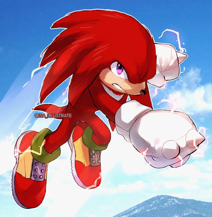 1boy absurdres animal_nose blue_sky clouds electricity furry furry_male gloves highres isa-415810 knuckles_the_echidna male_focus serious shoes sky solo sonic_(series) sonic_heroes sonic_the_hedgehog_2_(film) violet_eyes white_gloves