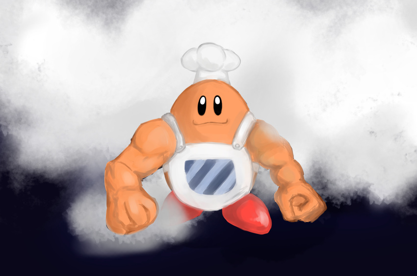 absurdres apron chef_hat chef_kawasaki clenched_hands closed_mouth facing_viewer hat highres kick_back_(music_video) kirby's_dream_land kirby_(series) muscular no_humans oversized_limbs scene_reference shoyu_nimono solo walking white_apron