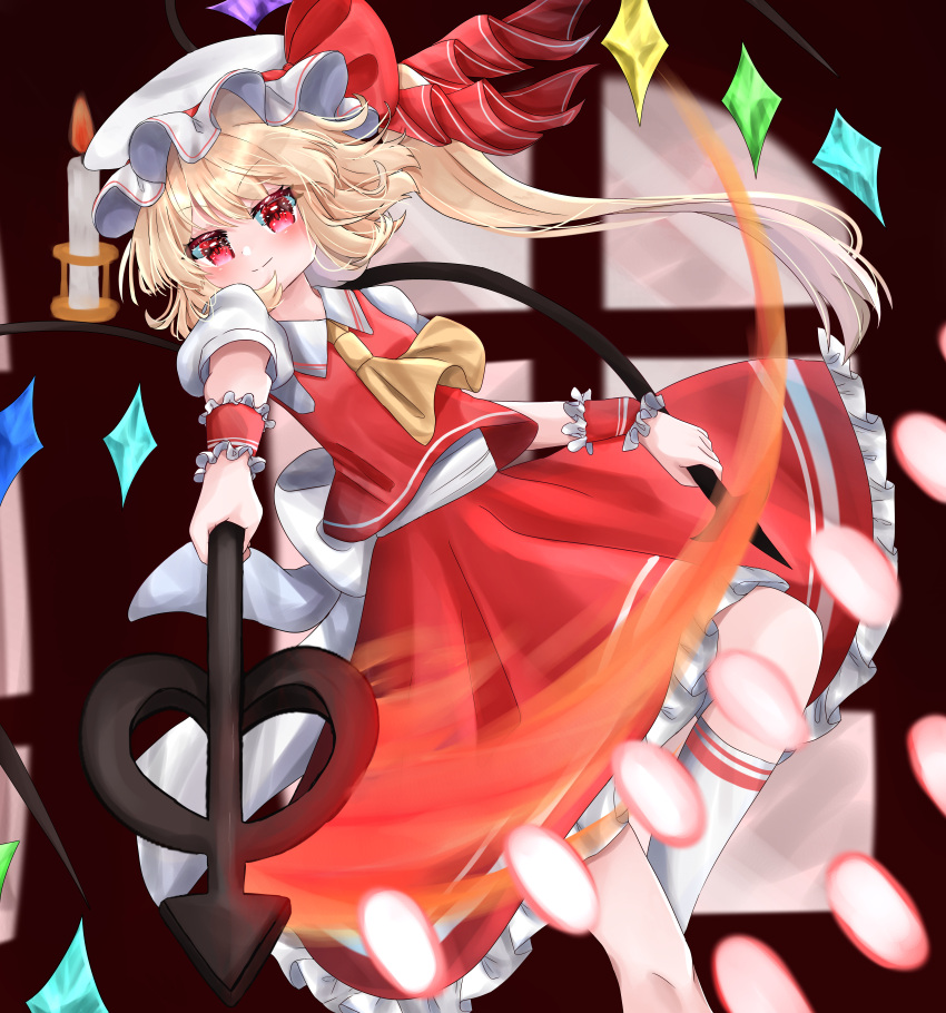 1girl absurdres ascot back_bow bow closed_mouth danmaku feet_out_of_frame flandre_scarlet frilled_skirt frills hat hat_ribbon highres holding holding_polearm holding_weapon indoors kani_miso_gunkan kneehighs laevatein_(touhou) light_smile lit_candle long_hair looking_at_viewer mob_cap multicolored_wings polearm red_eyes red_ribbon red_skirt red_vest ribbon shirt side_ponytail skirt skirt_set socks solo touhou vest weapon white_bow white_headwear white_shirt white_socks wings wrist_cuffs yellow_ascot