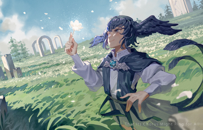 1girl bird bird_tail blue_capelet blue_eyes blue_hair blue_wings brooch capelet clouds cloudy_sky cowboy_shot dress feathered_wings field final_fantasy final_fantasy_xiv flower flower_field hair_between_eyes head_wings highres holding holding_flower jewelry long_sleeves meteion nature outdoors short_hair sky smile solo tail tree wavy_hair white_dress wings yusheng