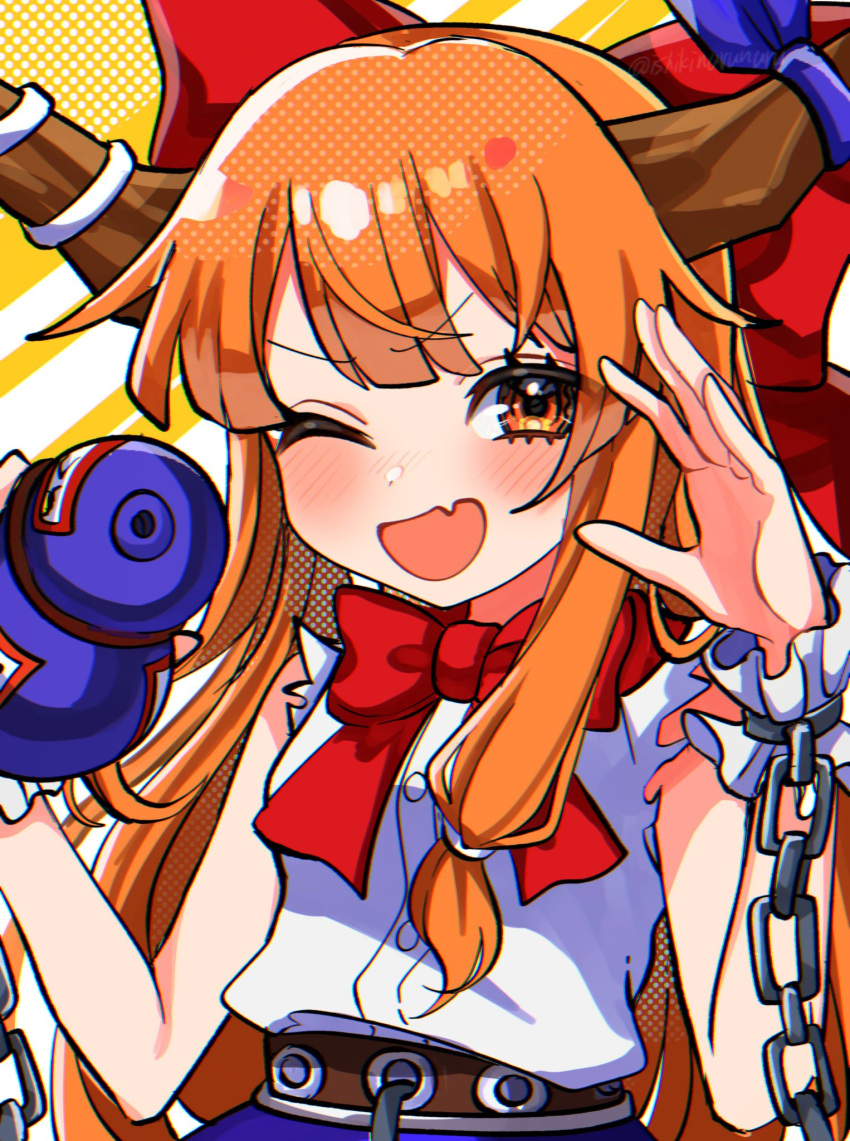 1girl ;d bangs belt blue_ribbon bow bowtie breasts chain chromatic_aberration cuffs fang gourd hair_bow highres horn_bow horn_ornament horn_ribbon horns ibuki_suika long_hair one_eye_closed oni_horns open_mouth orange_hair red_bow ribbon sekkaku_nuru shackles shirt sidelocks skin_fang skirt sleeveless sleeveless_shirt small_breasts smile solo torn_clothes torn_sleeves touhou white_shirt