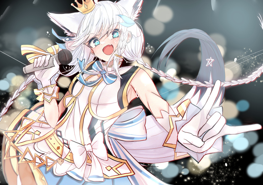 1girl absurdres animal_ear_fluff animal_ears bangs blush braid breasts crown extra_ears fang fox_ears fox_girl fox_shadow_puppet fox_tail gloves green_eyes hair_between_eyes highres holding holding_microphone hololive hololive_idol_uniform light_particles long_hair looking_at_viewer matudo_yuu microphone mini_crown open_mouth outstretched_arm shirakami_fubuki sidelocks single_braid skin_fang small_breasts solo tail twin_braids virtual_youtuber white_gloves white_hair