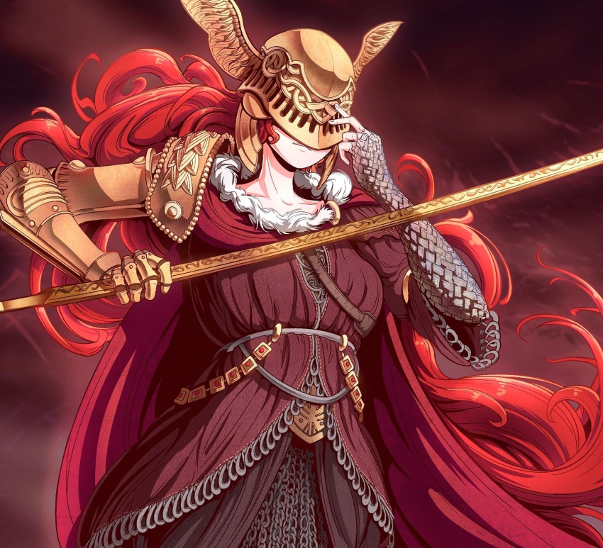 1girl cape closed_mouth covered_eyes dress elden_ring helmet highres holding holding_sword holding_weapon long_hair malenia_blade_of_miquella mechanical_arms prosthesis prosthetic_arm prosthetic_leg red_cape redhead simple_background single_mechanical_arm solo spiritdraws sword very_long_hair weapon winged_helmet