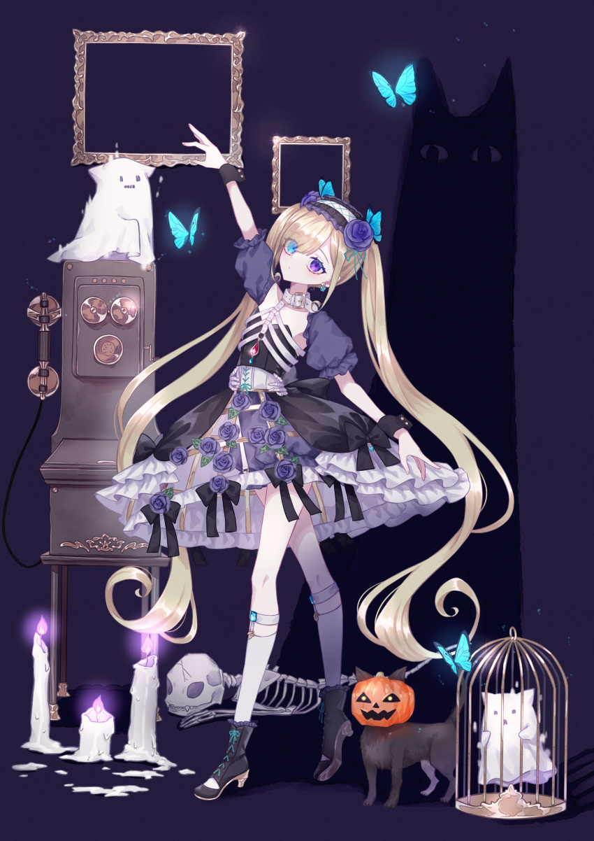 1girl absurdres akikawa_higurashi ankle_boots arm_up back_bow bangs belt_collar birdcage black_bow black_cat black_dress black_footwear blonde_hair bloomers blue_butterfly blue_eyes boots bow breasts bug butterfly butterfly_earrings butterfly_hair_ornament cage candle cat collar commentary corded_phone crinoline detached_sleeves dot_mouth dress dress_bow dress_flower earrings empty_picture_frame english_commentary fire flower full_body ghost ghost_costume hair_flower hair_ornament hairband heterochromia high_heel_boots high_heels highres jewelry legwear_garter light_particles lolita_hairband looking_at_viewer original phone picture_frame puffy_short_sleeves puffy_sleeves pumpkin_on_head purple_background purple_bloomers purple_fire purple_flower purple_rose rose short_sleeves silhouette skeletal_hand skeleton small_breasts socks solo standing strapless strapless_dress swept_bangs twintails underwear violet_eyes wax white_collar white_socks wrist_cuffs
