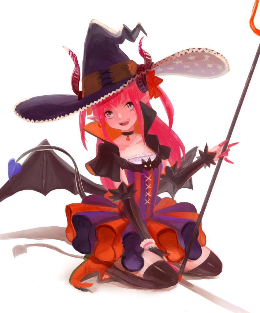 1girl absurdres bangs bat_(animal) between_legs black_capelet black_choker black_sleeves black_thighhighs black_wings blue_eyes bow capelet choker collarbone commentary demon_girl demon_tail demon_wings detached_sleeves dress earrings elizabeth_bathory_(fate) elizabeth_bathory_(halloween_caster)_(fate) fang fate/grand_order fate_(series) finger_cots flat_chest full_body hair_bow hand_between_legs hand_up happy hat head_tilt high_collar highres holding holding_trident holding_weapon horns horns_through_headwear jack-o'-lantern jack-o'-lantern_earrings jewelry kneeling long_hair looking_at_viewer open_mouth orange_footwear pink_hair pointy_ears pointy_footwear polearm purple_headwear red_bow red_horns sasamiman seiza shoes short_dress sidelocks simple_background sitting smile solo star_(symbol) star_print striped striped_dress tail teeth thigh-highs trident two-sided_capelet two-tone_dress two_side_up weapon white_background wings witch_hat