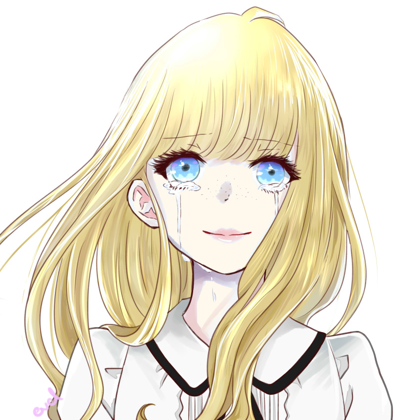 1girl absurdres bangs blonde_hair blue_eyes carole_&amp;_tuesday crying crying_with_eyes_open freckles highres looking_at_viewer nanashevel simple_background smile solo tears tuesday_simmons upper_body white_background