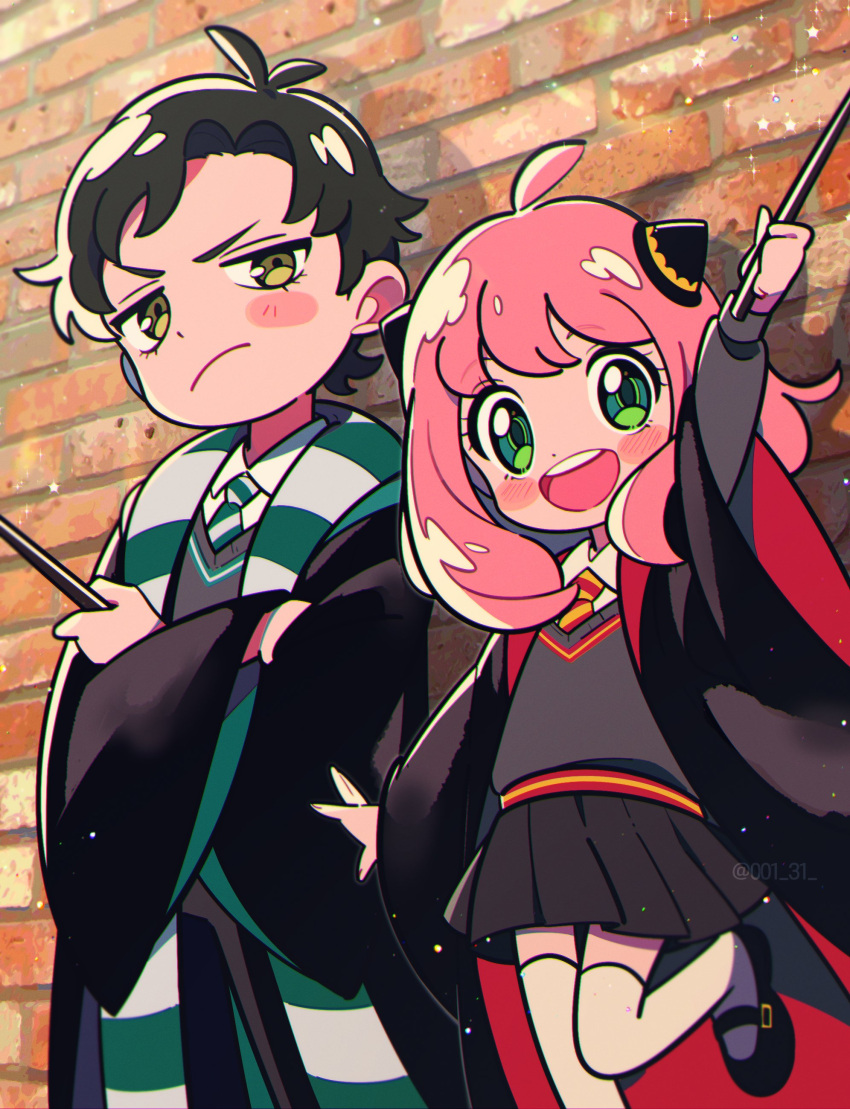 1boy 1girl absurdres anya_(spy_x_family) arm_up black_hair blush_stickers chueog closed_mouth crossed_arms damian_desmond green_eyes hairpods harry_potter_(series) highres hogwarts_school_uniform long_hair miniskirt open_mouth pink_hair robe scarf school_uniform skirt spy_x_family thigh-highs wand yellow_eyes