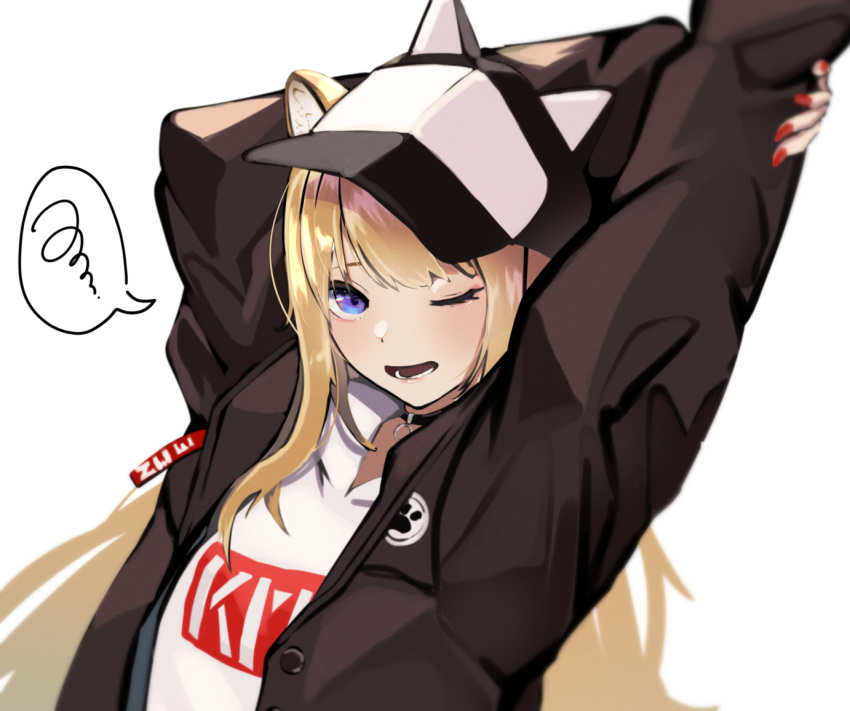 1girl ;o animal_ears arms_behind_head bangs blonde_hair blue_eyes hat jacket kasoku_souchi kmnz long_hair looking_at_viewer mc_lita one_eye_closed red_nails simple_background solo virtual_youtuber white_background