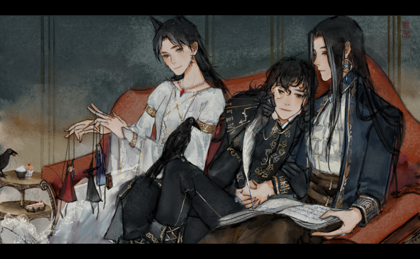 3girls adjusting_eyewear amon_(lord_of_the_mysteries) angel antigonus_(lord_of_the_mysteries) bird black_eyes black_hair black_jacket black_pants blue_jacket book brown_skirt cake chinese_commentary commentary_request corset couch crow cupcake dessert dress earrings food genderswap genderswap_(mtf) highres holding holding_quill jacket jewelry looking_at_another looking_at_object lord_of_the_mysteries marieelisabeth marionette monocle mr._door multiple_girls necklace pants pearl_necklace puppet quill ring shirt sideburns single_earring sitting skirt white_dress white_shirt wolf_girl writing