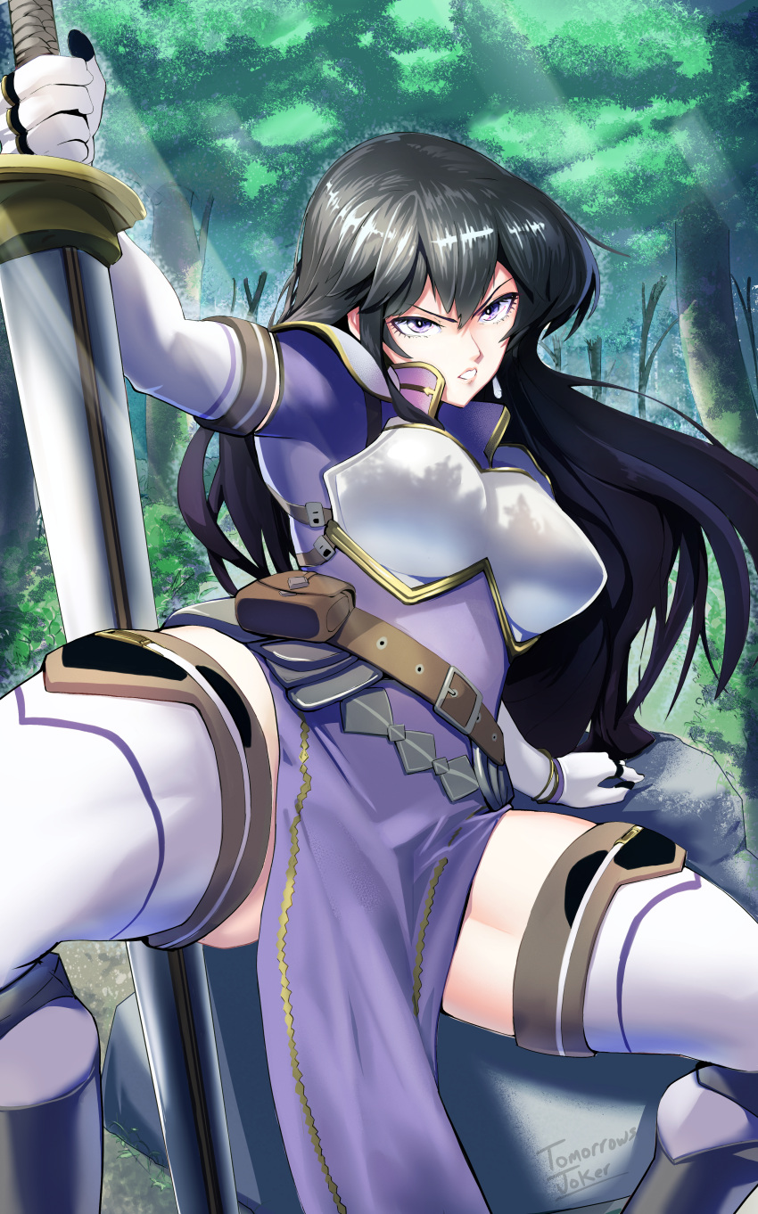 1girl absurdres angry armor ayra_(fire_emblem) black_hair breasts commission commissioner_upload fire_emblem fire_emblem:_genealogy_of_the_holy_war fire_emblem_heroes foreshortening forest glaring highres holding holding_sword holding_weapon long_hair looking_at_viewer nature rock scowl spread_legs sword teeth thigh-highs thighs tomorrowsjoker v-shaped_eyebrows weapon