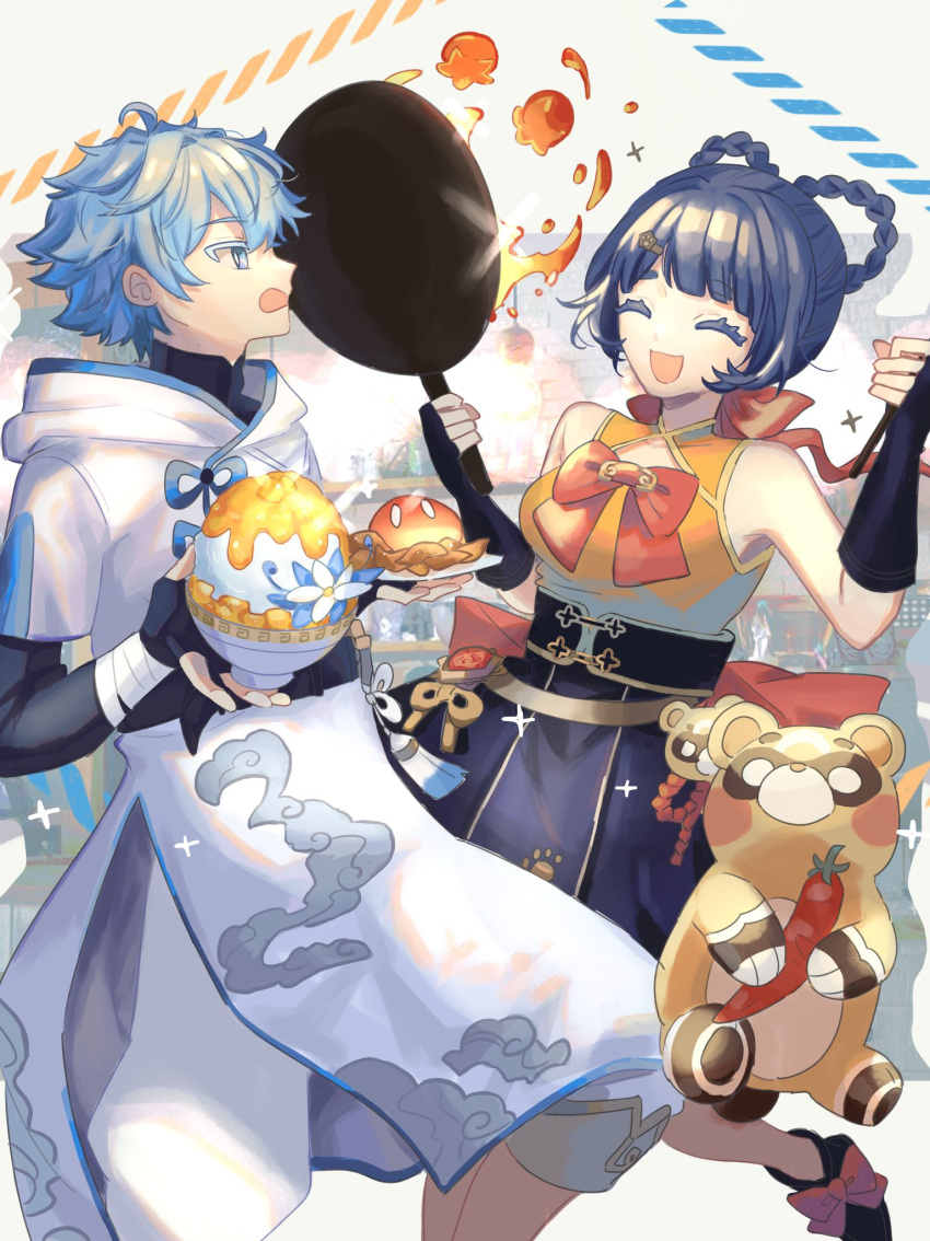 1boy 1girl :d ahoge alternate_costume bandaged_arm bandages bangs belt black_belt black_gloves blue_eyes blue_hair border bow bowl bowtie breasts chili_pepper china_dress chinese_clothes chinese_knot chongyun_(genshin_impact) closed_eyes cloud_print dress fingerless_gloves flipping_food flower food frying_pan genshin_impact gloves guoba_(genshin_impact) hair_between_eyes hair_ornament hair_rings hands_up highres holding holding_food holding_frying_pan light_blue_hair looking_at_another open_mouth orange_shirt pants paw_print purple_skirt red_bow red_bowtie red_panda rice rice_bowl shirt short_hair skirt sleeveless sleeveless_dress slime_(genshin_impact) small_breasts smile sparkle standing tassel thick_eyebrows uzubi vision_(genshin_impact) w_arms white_border white_hood white_pants xiangling_(genshin_impact)