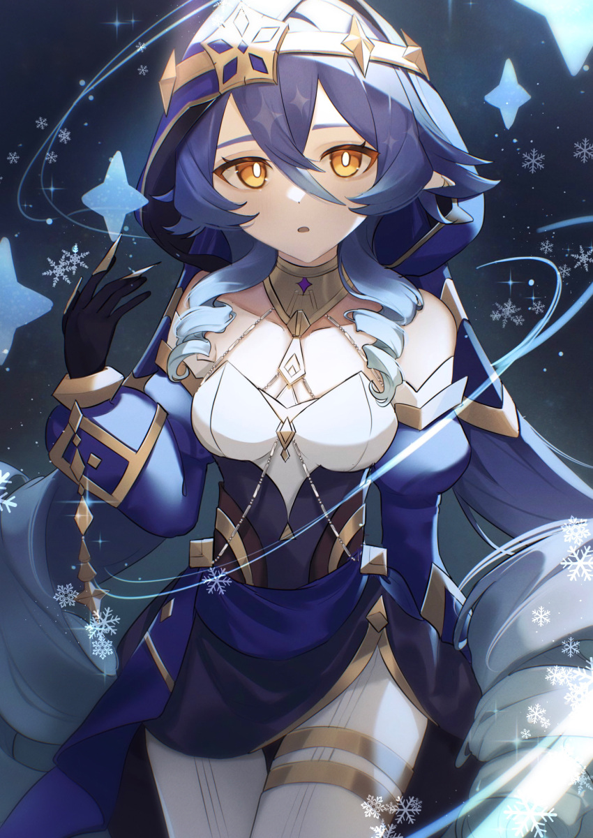 1girl bangs bare_shoulders black_gloves blue_hair breasts commentary detached_sleeves drill_locks genshin_impact gloves hair_between_eyes highres hood ice_crystal layla_(genshin_impact) long_hair looking_at_viewer oyasumi_(oyasumign8) parted_lips small_breasts solo thigh_gap very_long_hair yellow_eyes