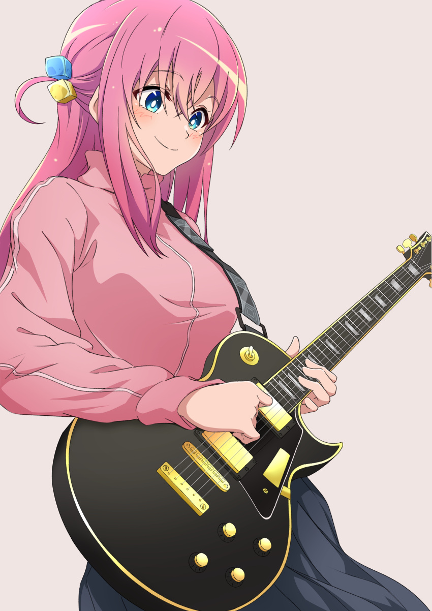 1girl absurdres bangs black_skirt blue_eyes blush bocchi_the_rock! commentary_request crossed_bangs electric_guitar gibson_les_paul gotou_hitori grey_background guitar hair_between_eyes hair_cubes hair_ornament highres holding holding_instrument instrument jacket long_hair long_sleeves looking_down music nijizuki_shino one_side_up pink_hair pink_jacket playing_instrument pleated_skirt sidelocks simple_background skirt smile solo track_jacket