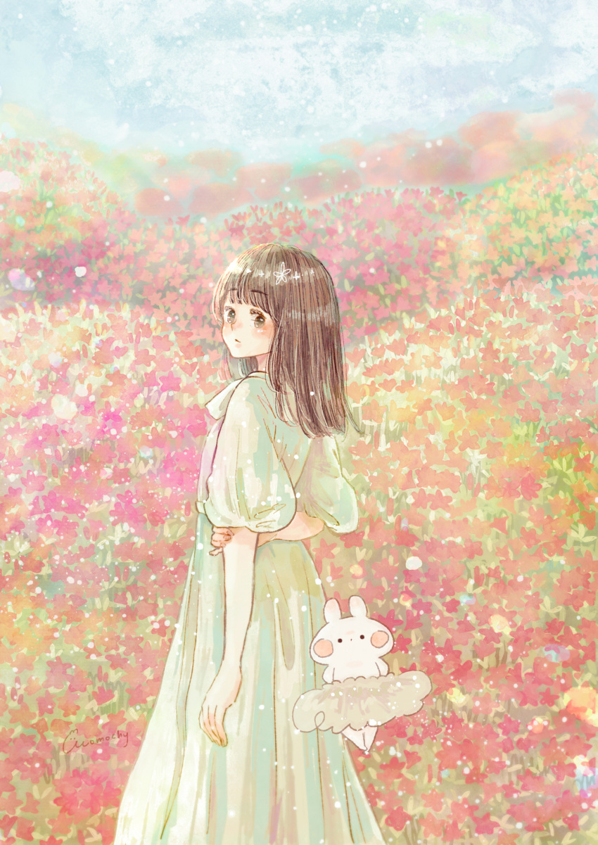 1girl bangs blunt_bangs blush blush_stickers brown_hair day dress field flower flower_field hand_on_own_ass highres long_dress looking_back medium_hair momochy orange_flower original outdoors parted_lips pastel_colors pink_flower puffy_short_sleeves puffy_sleeves rabbit red_flower short_sleeves skirt sky too_many_flowers white_dress