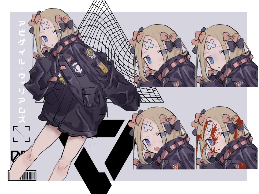 1girl :o abigail_williams_(fate) abigail_williams_(traveling_outfit)_(fate) bangs barcode black_bow black_jacket blonde_hair blood blood_on_face blue_eyes bow character_name cowboy_shot crossed_bandaids crying expressions fate/grand_order fate_(series) frown grey_background hair_bow hand_up highres jacket long_sleeves looking_at_viewer modotteku multiple_hair_bows open_mouth orange_belt orange_bow parted_bangs portrait sleeves_past_fingers sleeves_past_wrists smile tears