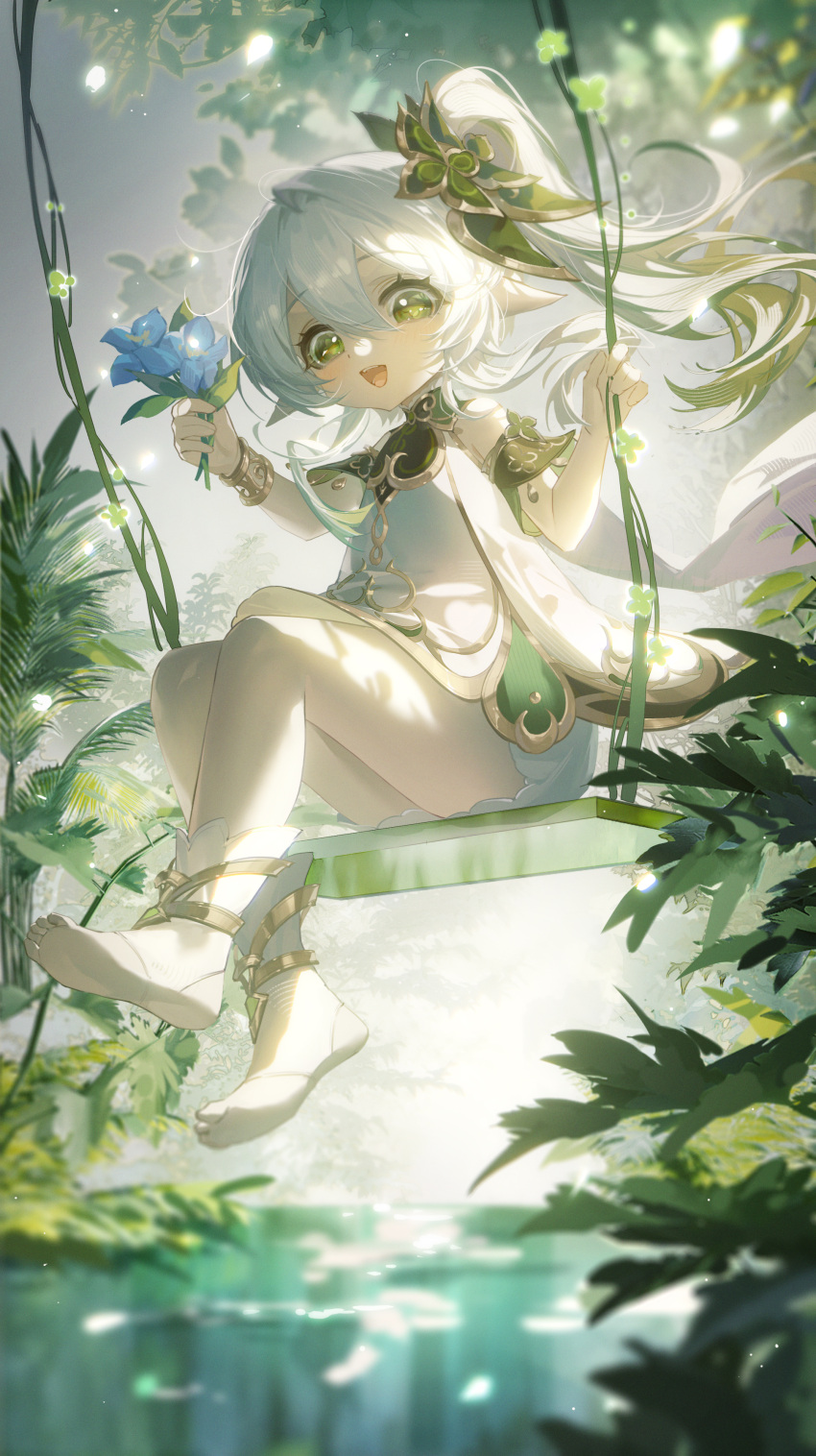 1girl absurdres armlet bare_shoulders bracelet flower genshin_impact green_hair hair_ornament highres holding holding_flower jewelry long_hair looking_at_viewer nahida_(genshin_impact) nature open_mouth plant pointy_ears purple_flower side_ponytail sitting smile swing teeth tuzhate upper_teeth