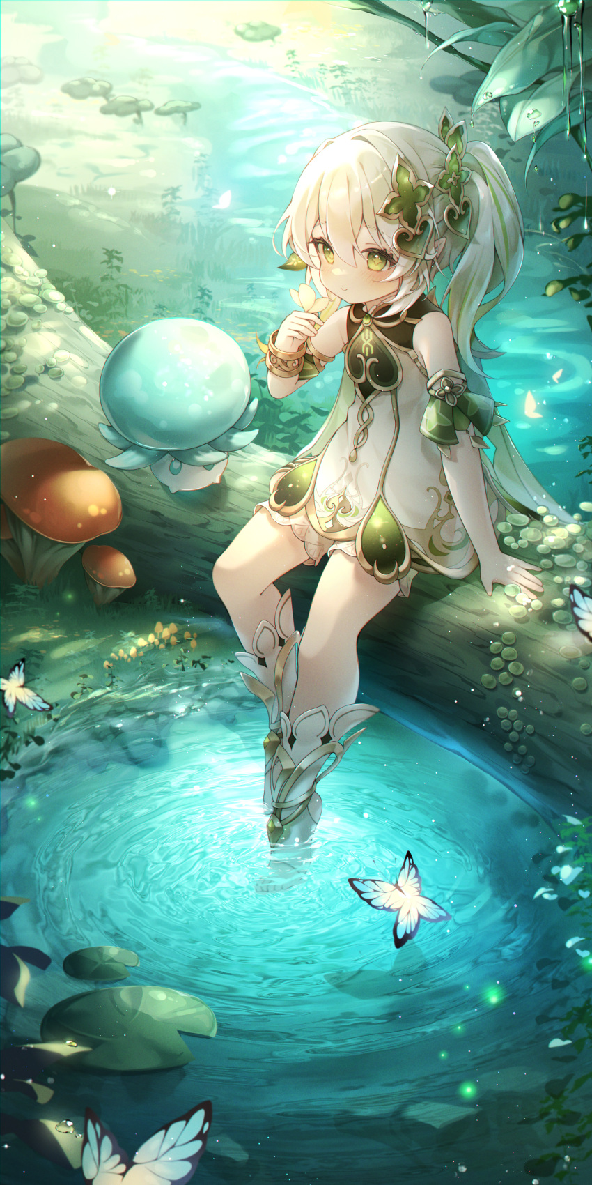 +_+ 1girl absurdres aran_(aran0127) bangs blue_butterfly bug butterfly butterfly_on_hand closed_mouth cross-shaped_pupils detached_sleeves dress female_child genshin_impact gold_trim green_eyes hair_ornament highres leaf mushroom nahida_(genshin_impact) nature outdoors pointy_ears pond shiny shiny_hair side_ponytail sitting sleeveless sleeveless_dress smile stirrup_footwear toeless_footwear tree white_dress white_footwear white_hair