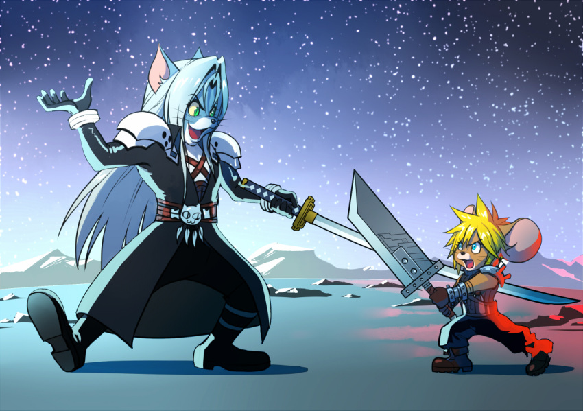 animal_ears aqua_eyes armor baggy_pants bangs black_footwear black_gloves black_jacket black_pants blonde_hair blue_pants blue_shirt boots buster_sword cat_ears chest_strap cloud_strife cloud_strife_(cosplay) cosplay eilinna fighting_stance final_fantasy final_fantasy_vii final_fantasy_vii_remake full_body gloves grey_hair holding holding_sword holding_weapon jacket jerry_(tom_and_jerry) kemonomimi_mode long_bangs long_hair long_jacket long_sleeves looking_at_another masamune_(ff7) mouse mouse_ears open_mouth pants parted_bangs sephiroth sephiroth_(cosplay) shirt short_hair shoulder_armor sky sleeveless sleeveless_turtleneck smile space spiky_hair star_(sky) starry_sky sword tom_(tom_and_jerry) tom_and_jerry turtleneck weapon whiskers