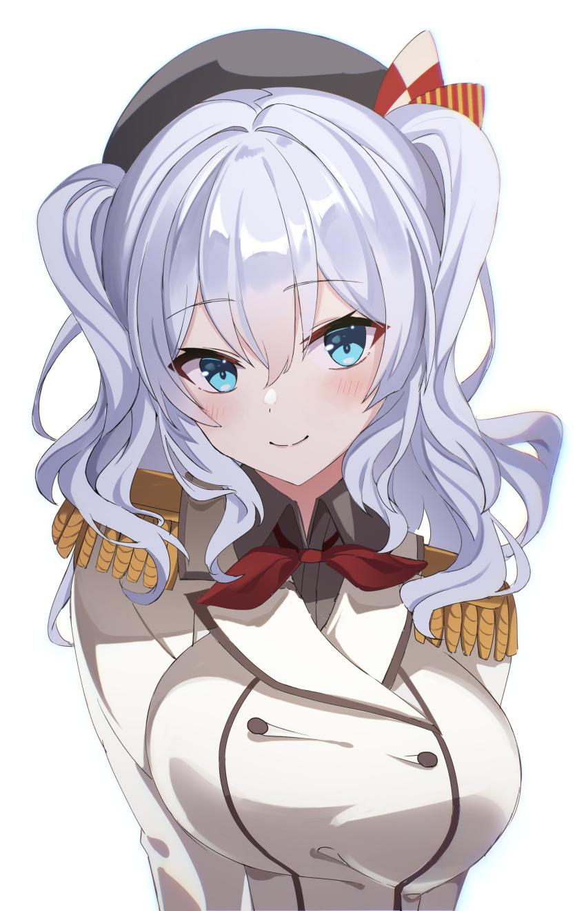 1girl absurdres bad_anatomy beret black_headwear blue_eyes blush closed_mouth collared_shirt epaulettes fathom grey_hair grey_shirt hair_between_eyes hat highres jacket kantai_collection kashima_(kancolle) long_hair long_sleeves military military_uniform shirt simple_background smile solo twintails uniform upper_body white_background white_jacket