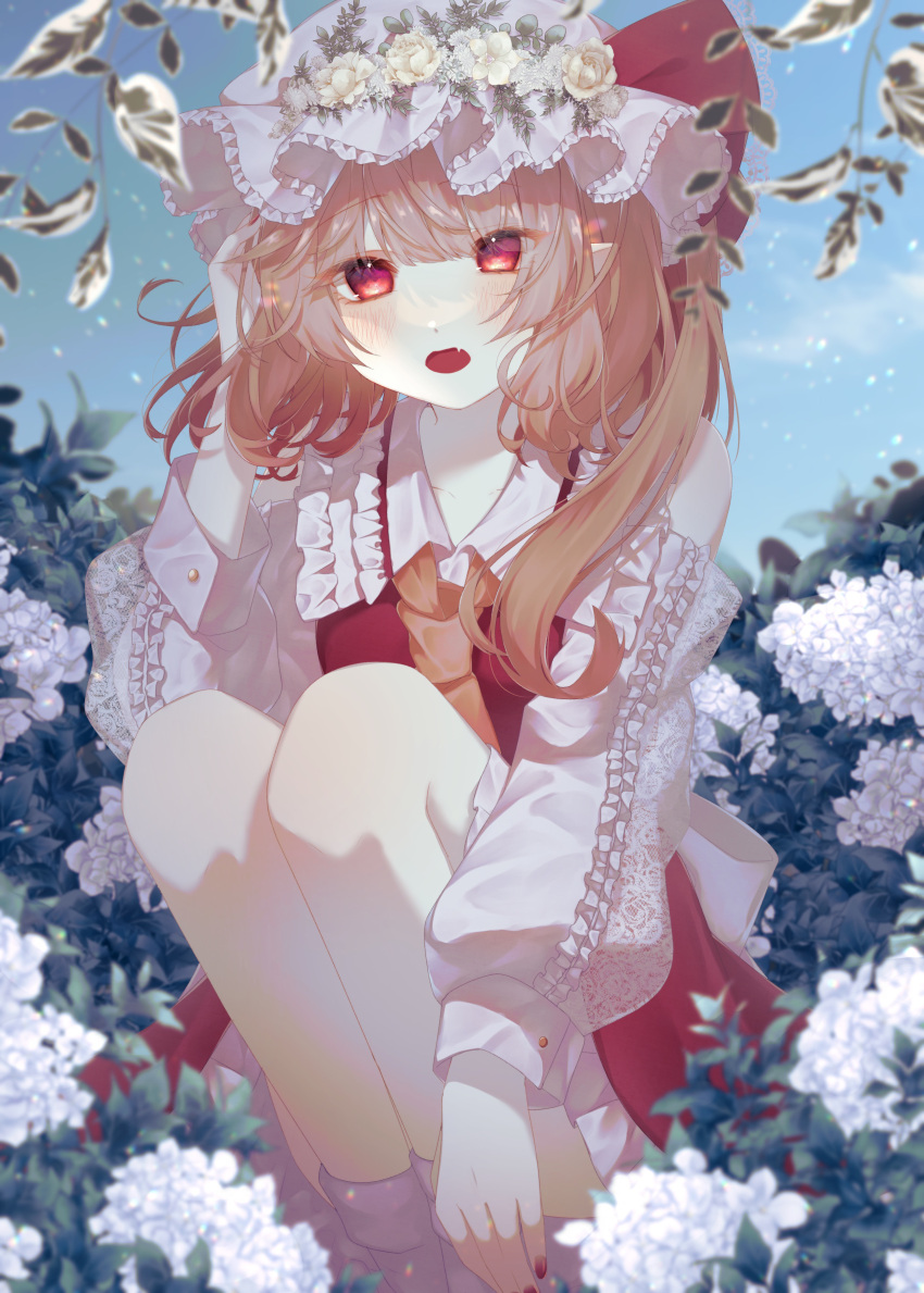 1girl absurdres ascot blonde_hair blush collarbone collared_shirt commentary detached_sleeves fang fingernails flandre_scarlet flower flower_wreath frilled_shirt_collar frills hand_in_own_hair hand_up hat hat_ribbon head_wreath highres hisu_(hisu_) long_hair long_sleeves looking_at_viewer mob_cap nail_polish one_side_up open_mouth puffy_sleeves red_eyes red_nails red_ribbon red_skirt red_vest ribbon rose shirt skin_fang skirt skirt_set sleeve_cuffs socks solo squatting touhou vest white_flower white_headwear white_rose white_shirt white_socks yellow_ascot