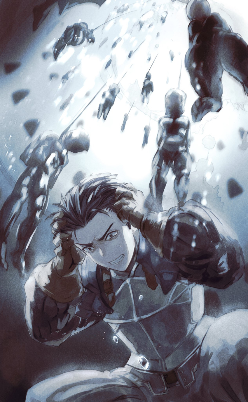 1boy armor breastplate clenched_teeth corpse frown gloves greyscale hair_slicked_back hands_on_own_head hanging highres male_focus miyama_(lacrima01) monochrome pants puffy_sleeves short_hair solo squatting tactics_ogre teeth v-shaped_eyebrows vice_bozeg