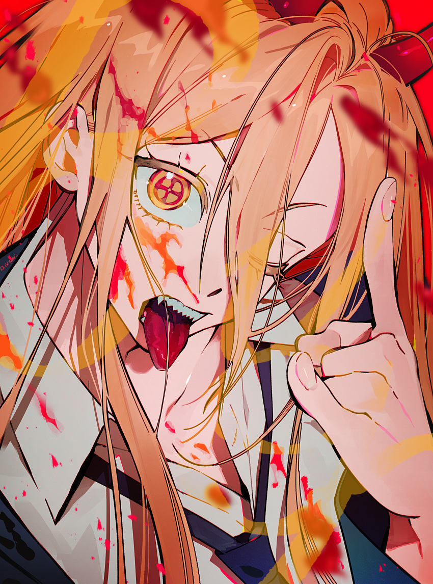 1girl absurdres bangs black_necktie blonde_hair chainsaw_man collared_shirt cross-shaped_pupils demon_horns hair_between_eyes highres horns jacket long_hair looking_at_viewer monster_girl necktie one_eye_closed open_mouth portrait power_(chainsaw_man) red_horns sharp_teeth shirt solo suni teeth tongue tongue_out white_shirt yellow_eyes