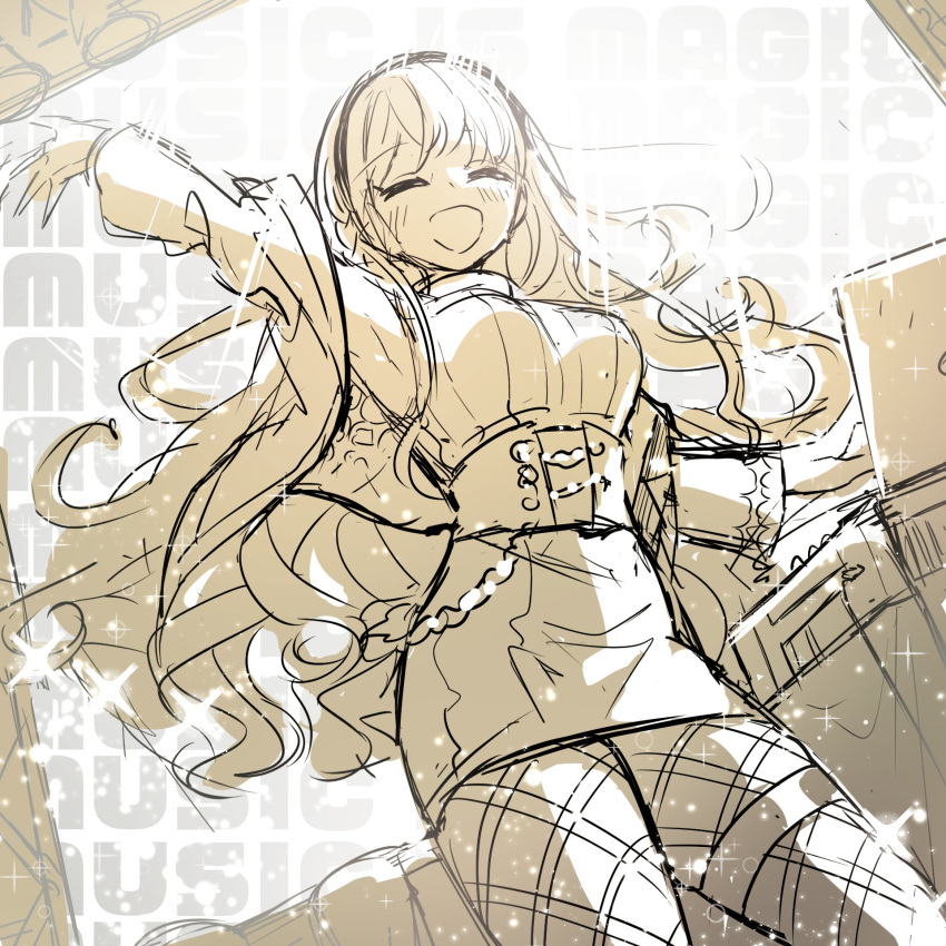 1girl arm_up bangs bare_shoulders belt breasts chain closed_eyes denonbu hairband highres jacket jewelry koniro limited_palette long_hair long_sleeves open_mouth shirokane_aki sketch smile solo standing