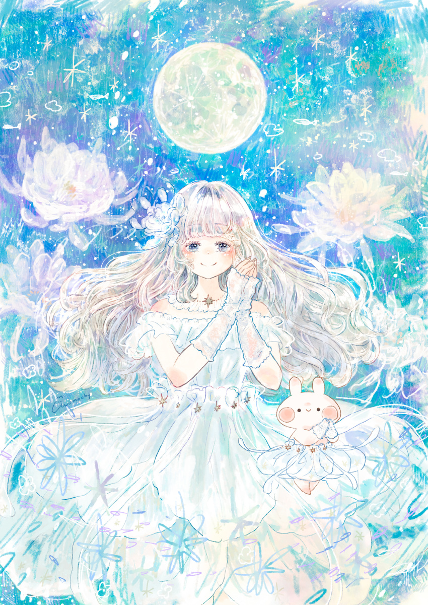 1girl arm_warmers artist_name bangs blue_eyes blue_flower blue_sky blue_theme blush blush_stickers clothing_cutout clothing_request detached_sleeves dress epiphyllum floating_hair flower frilled_dress frills full_moon gloves grey_hair highres jewelry long_dress long_hair momochy moon multicolored_sky necklace night night_sky original pastel_colors pendant puffy_sleeves rabbit ribbon shiny shiny_hair short_sleeves shoulder_cutout signature skirt sky smile sparkling_eyes star_(sky) starry_sky white_dress white_flower white_gloves white_hair white_ribbon white_skirt