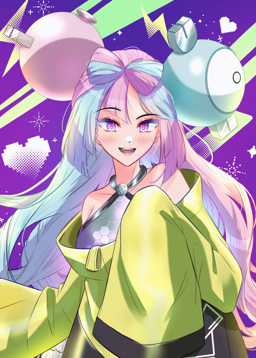 1girl absurdres bow-shaped_hair character_hair_ornament hair_ornament hexagon_print highres iono_(pokemon) jacket long_hair low-tied_long_hair meisaki pokemon pokemon_(game) pokemon_sv sharp_teeth sleeves_past_fingers sleeves_past_wrists solo teeth very_long_sleeves x yellow_jacket
